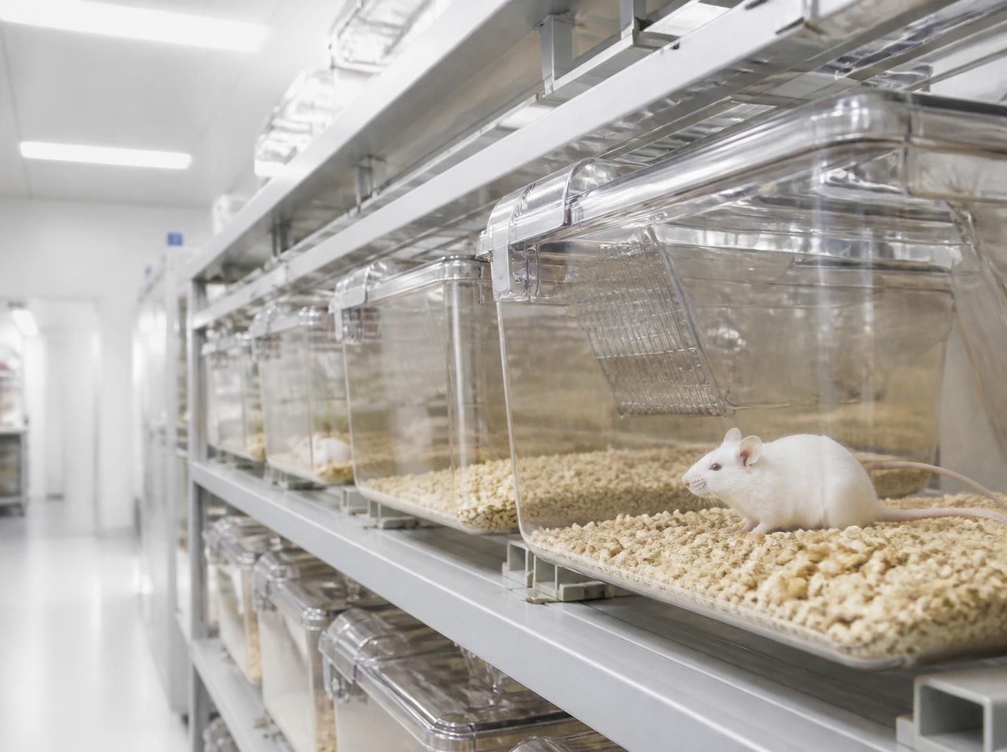 Laboratory rodent cages filled with corn cob bedding